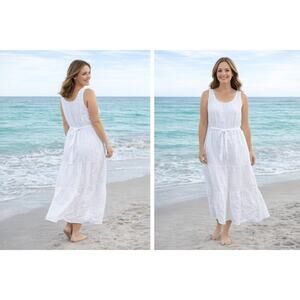 Talbots White Maxi Cotton Sleeveless Tiered Dress Sz 8 Lined Summer Beach Weddin